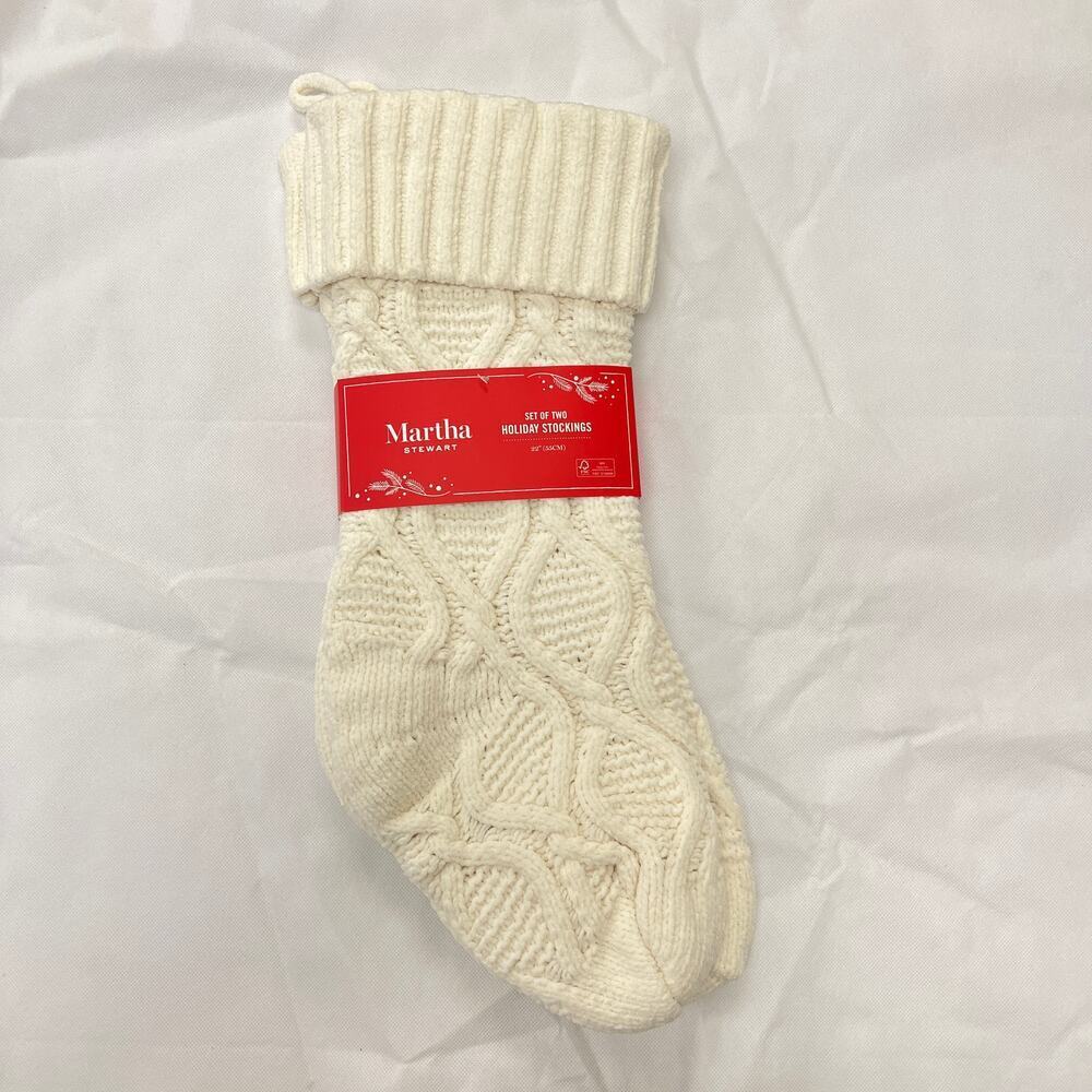 Martha Stewart Cream Knit Christmas Stocking 22" Set of 2 Chunky Cable Knit